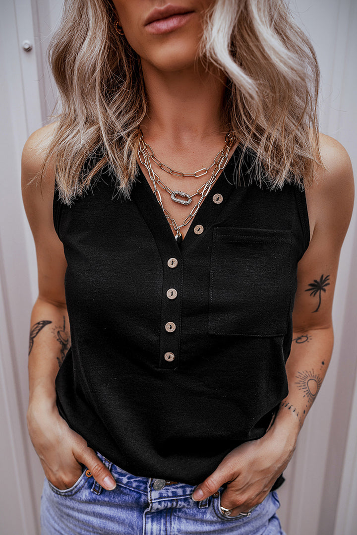 Half Button V Neck Patched Pocket Tank Top