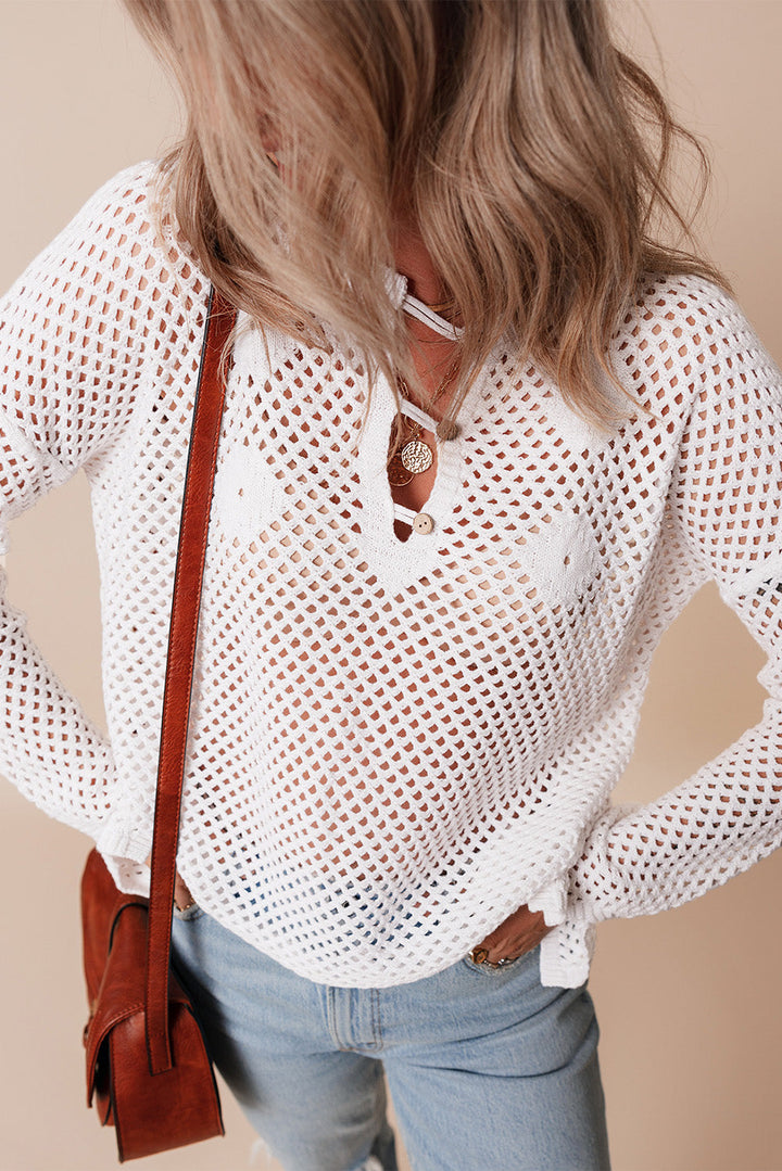 Open Knit Buttoned Neck Split Sleeve Sweater