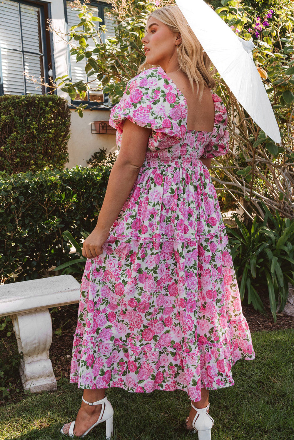 Plus Size Floral Print Smocked Puff Sleeve Dress