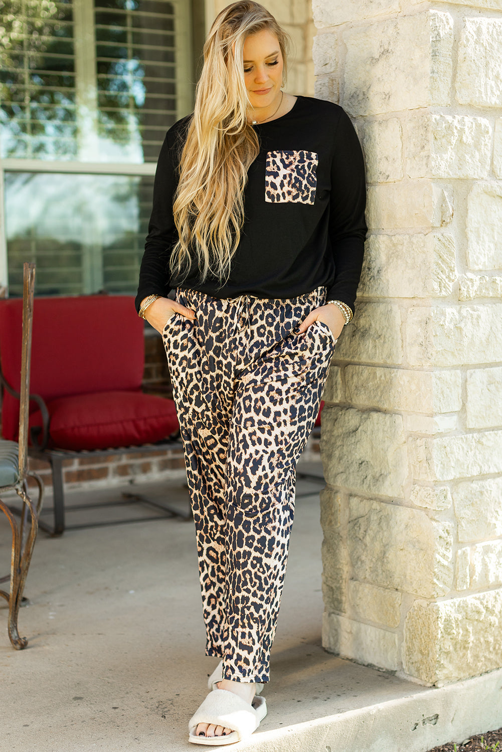 Leopard Patched Pocket Long Sleeve Top Plus Size Pants Set