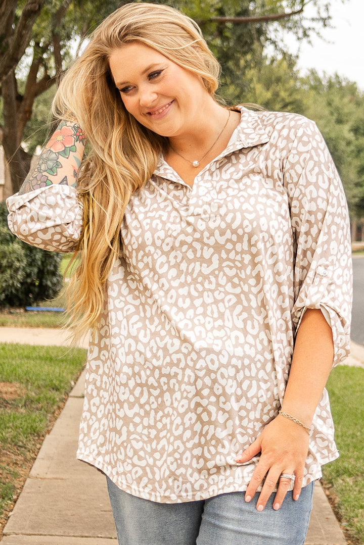 Leopard Tab Sleeve V Neck Plus Size Top