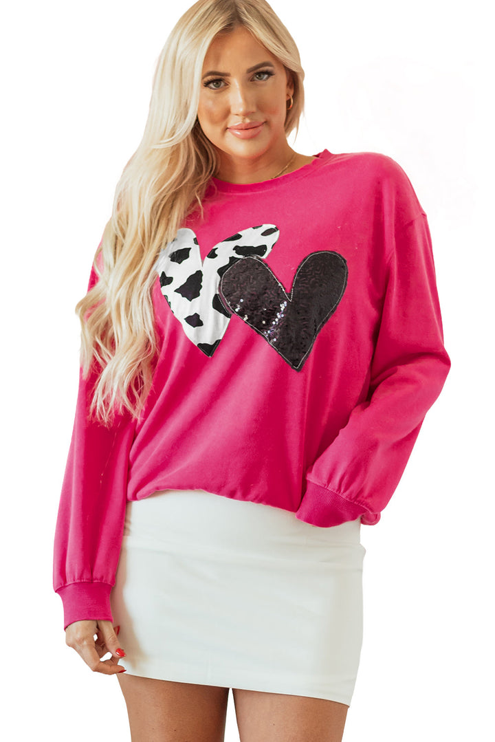 Cow & Sequin Double Heart Patch Graphic Sweatshirt