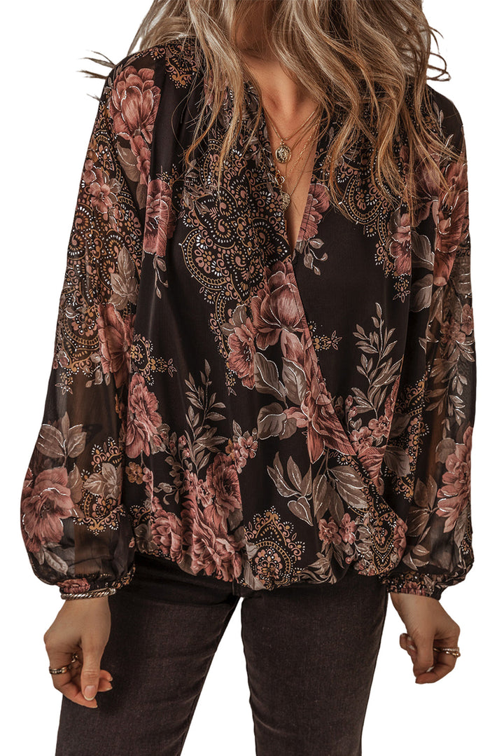 Floral Print Criss Cross V Neck Balloon Sleeve Blouse