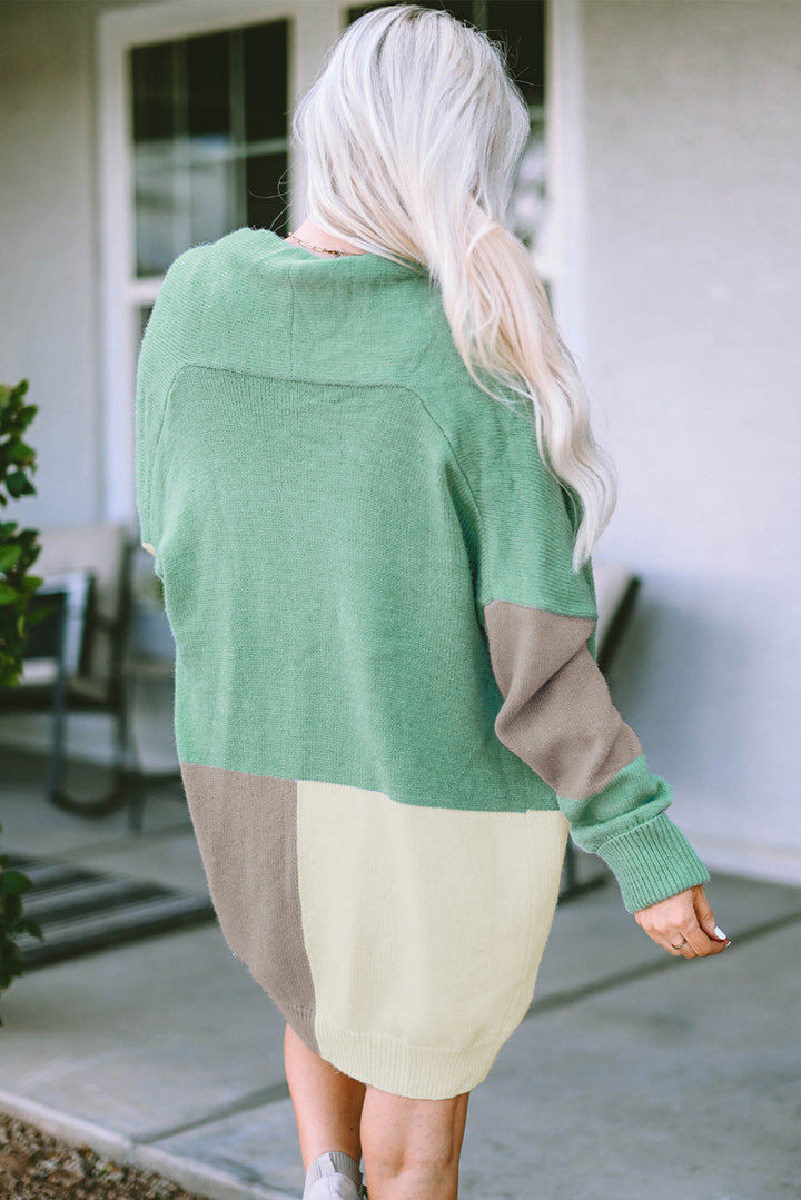 Colorblock Draped Open Front Chunky Cardigan