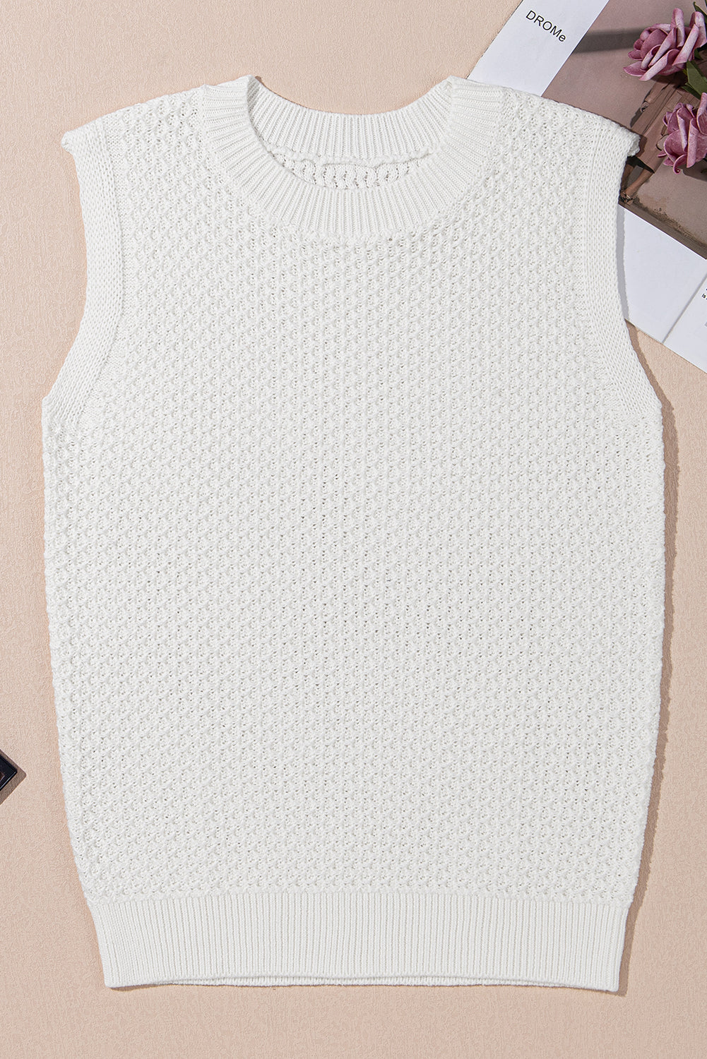 Solid Color Eyelet Knit Crew Neck Sweater Vest