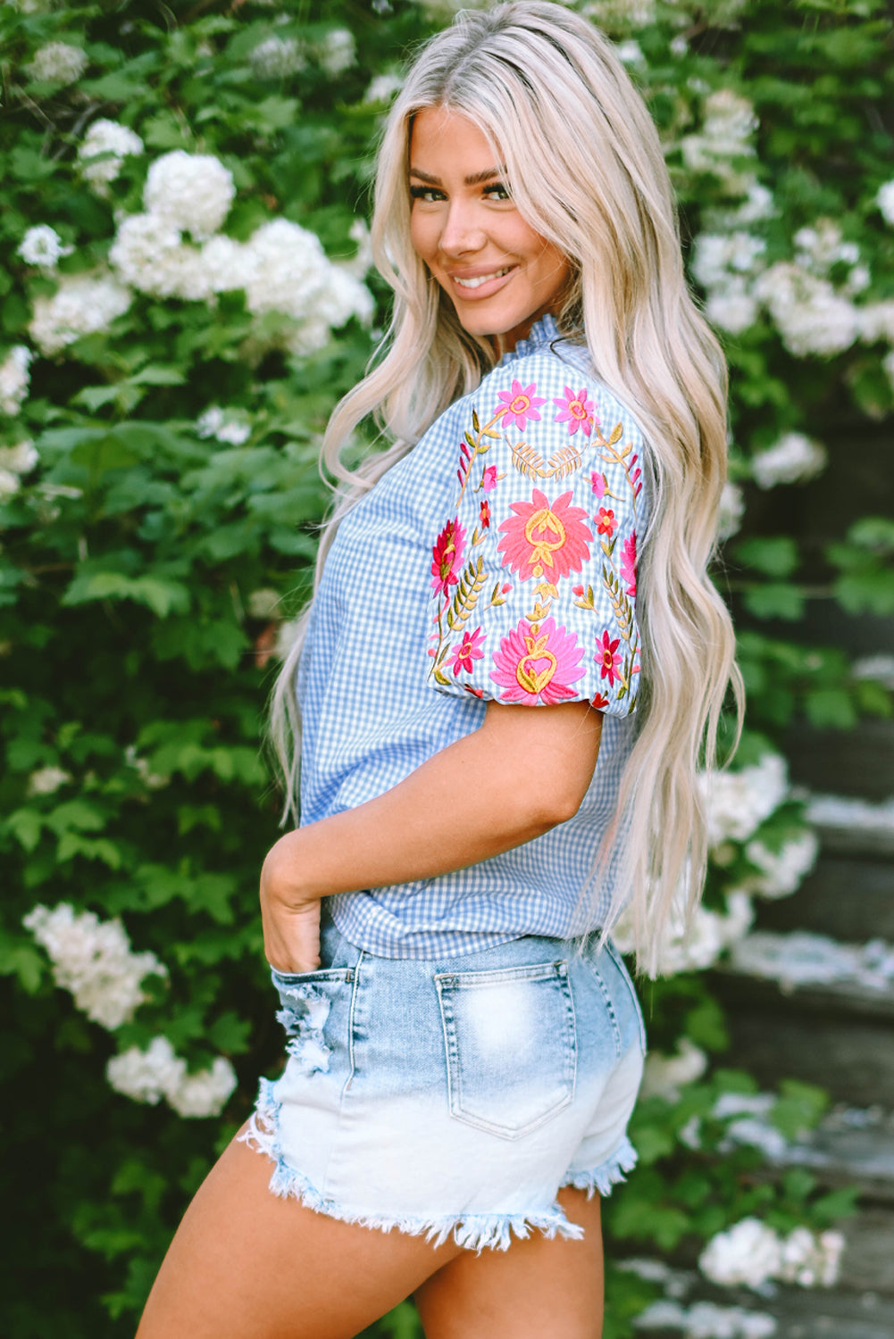 Gingham Floral Embroidered Puff Sleeve Blouse