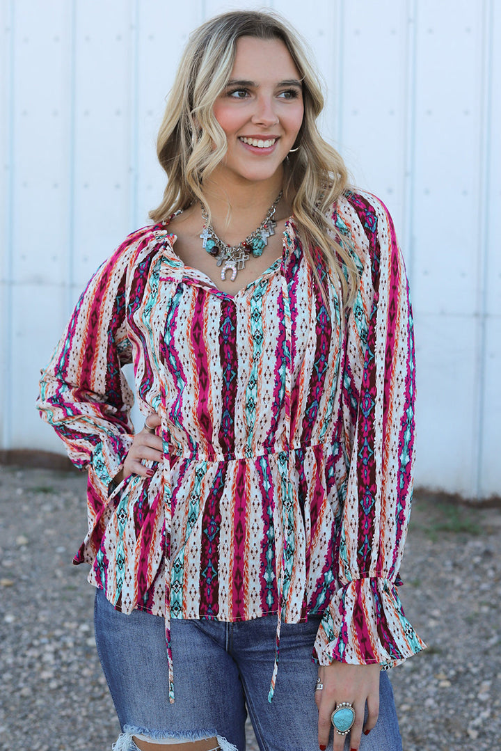 Western Aztec Split Neck Peplum Blouse