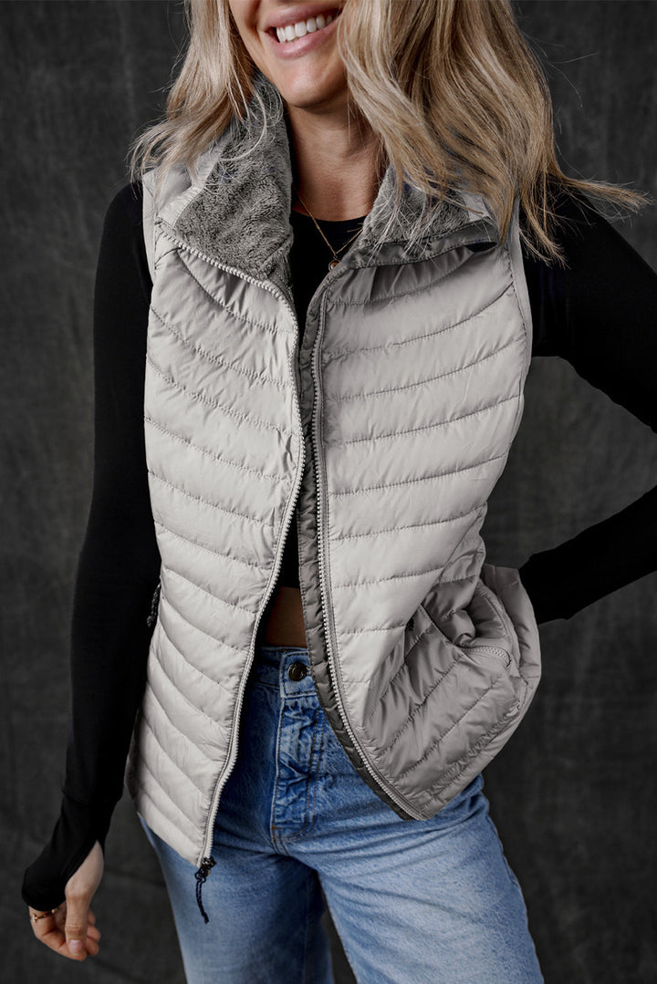 Plush Collared Quilted Zipped Puffer Vest