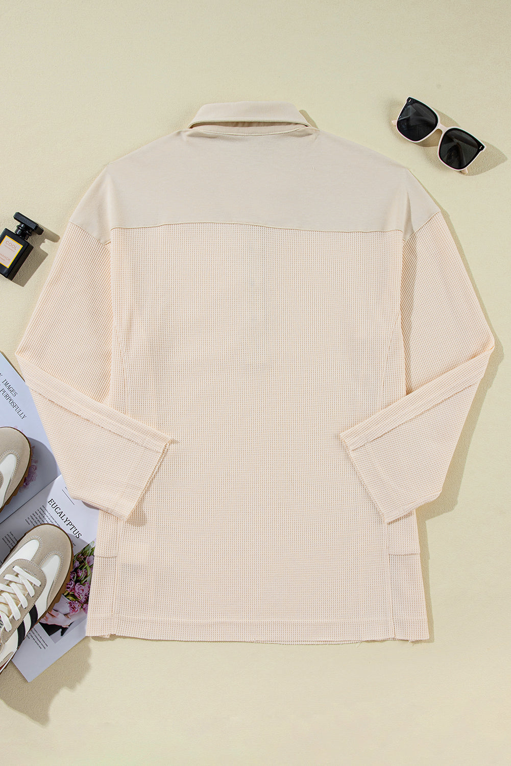 Waffle Long Sleeve Collar Half Button Loose Top