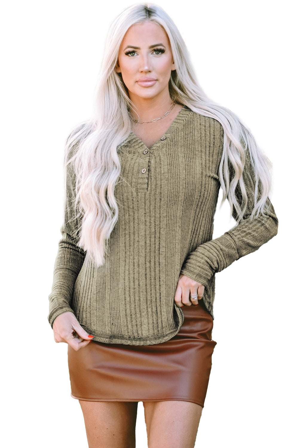 V Neck Buttoned Ribbed Knit Top