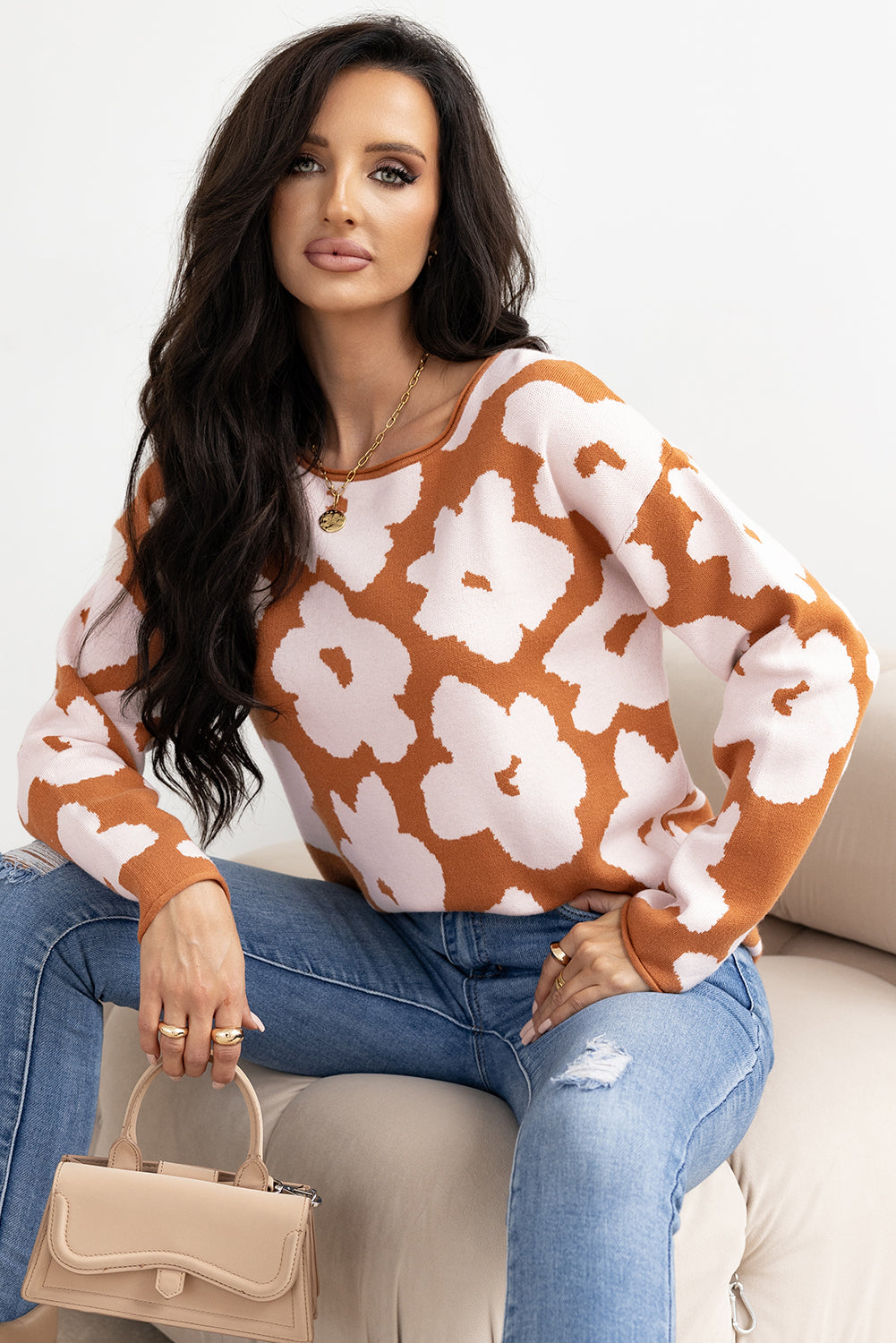 Floral Pattern Crew Neck Long Sleeve Loose Sweater