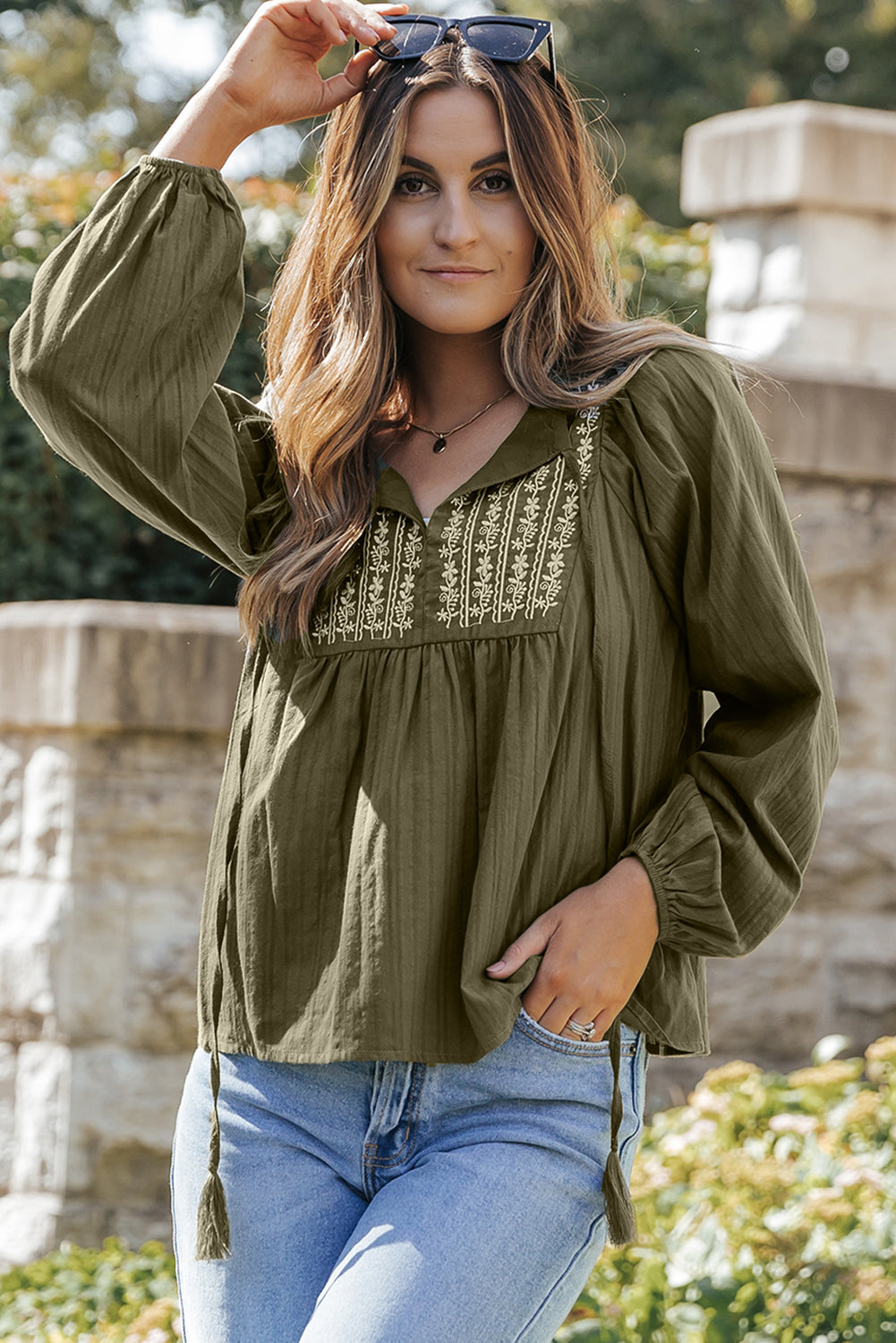 Embroidered Split Neck Pleated Loose Blouse