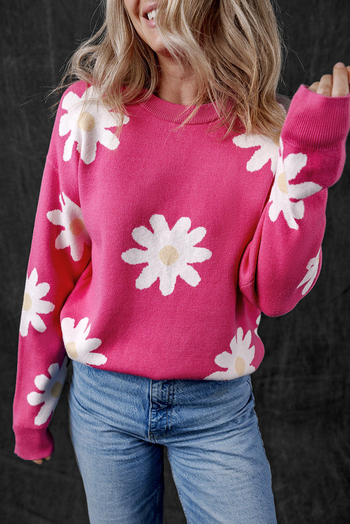 Daisy Flower Crew Neck Long Sleeve Sweater