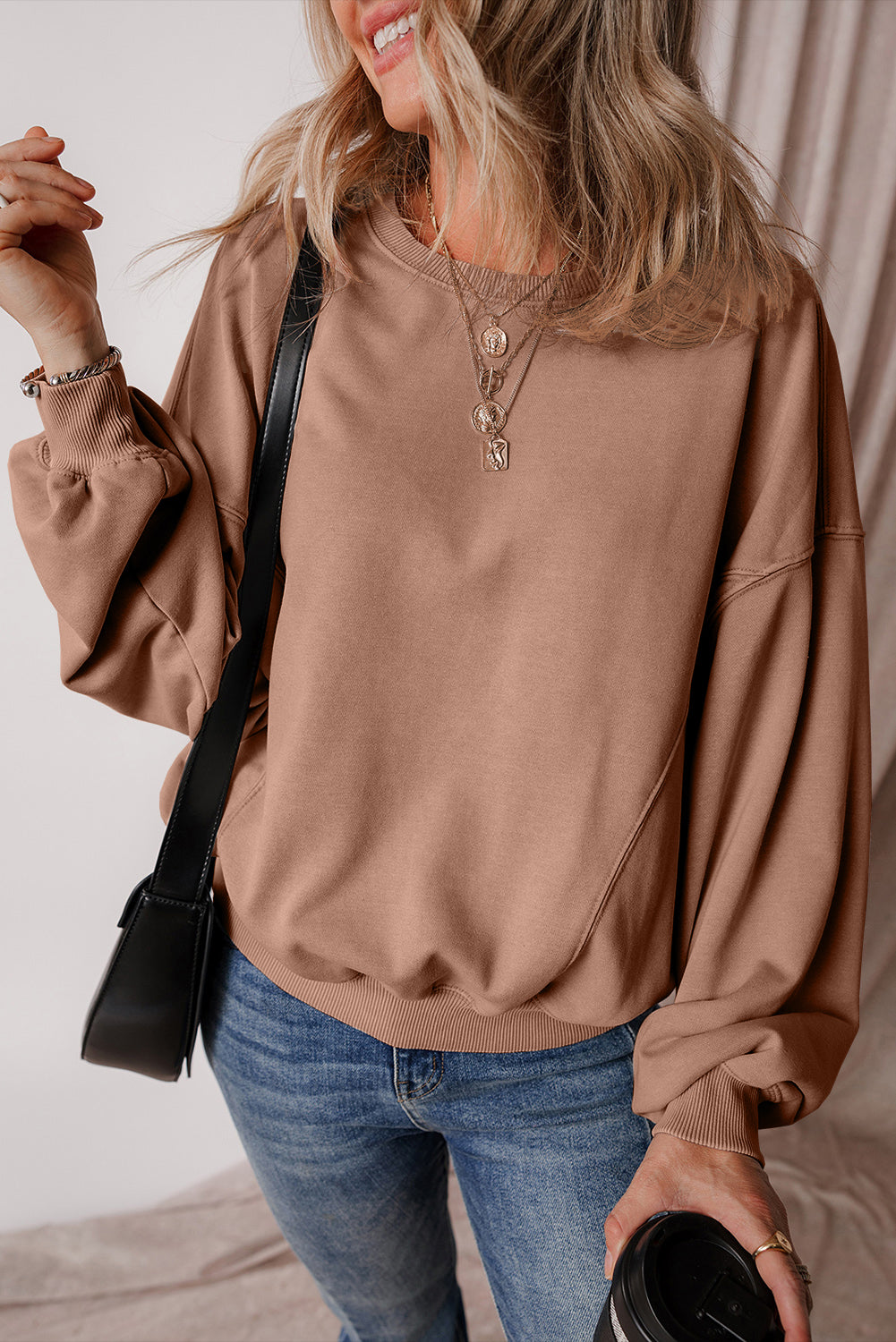 Exposed Seam Batwing Sleeve Drop Shoulder Sweatshirt