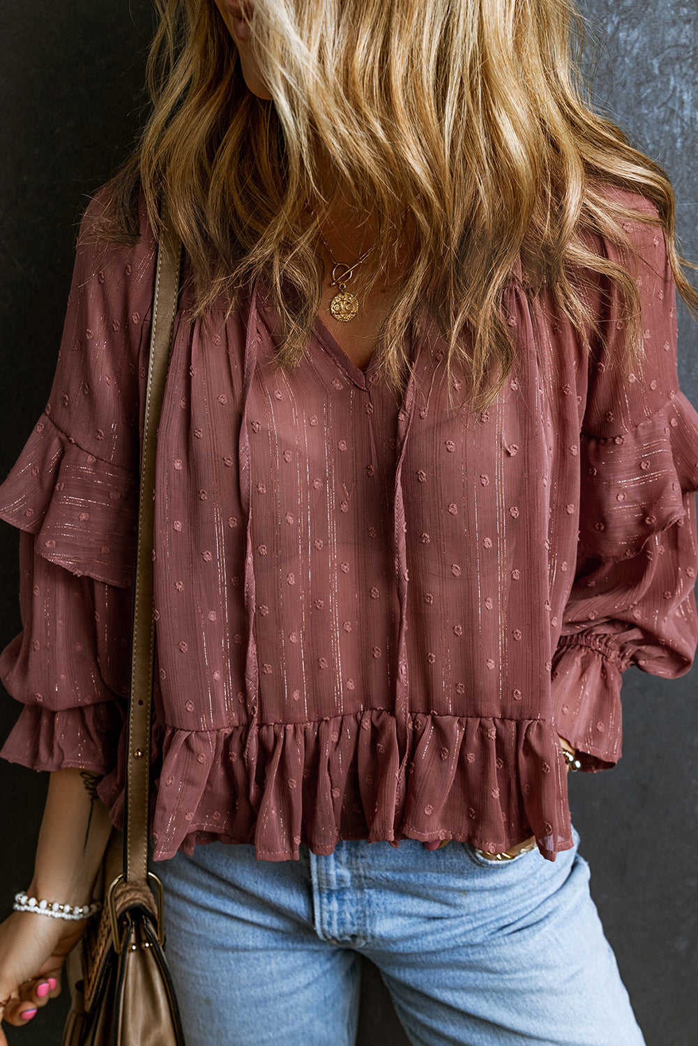 Swiss Dot Lace up V Neck Ruffled Blouse