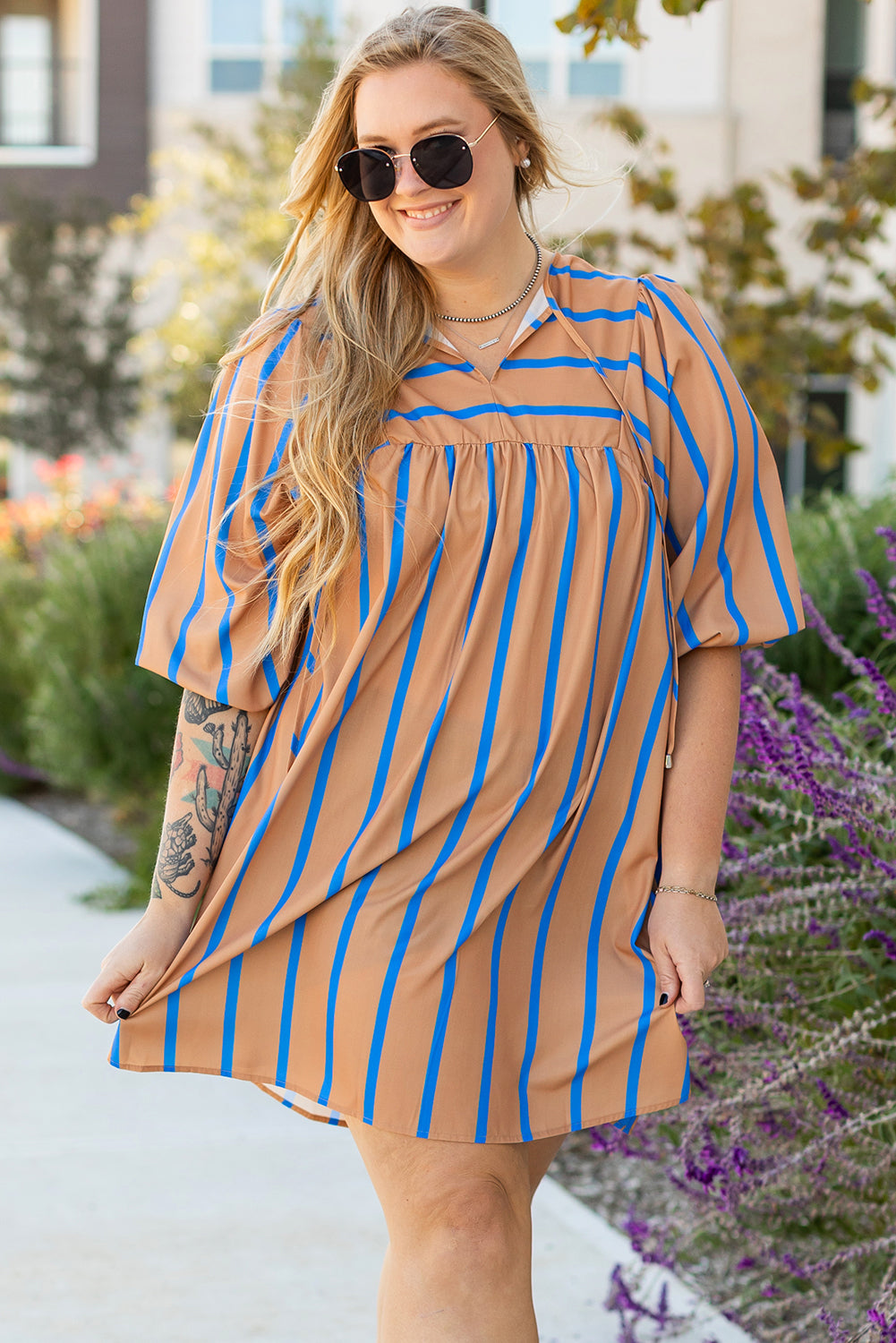 Contrast Striped Print 3/4 Sleeve Babydoll Plus Size Dress