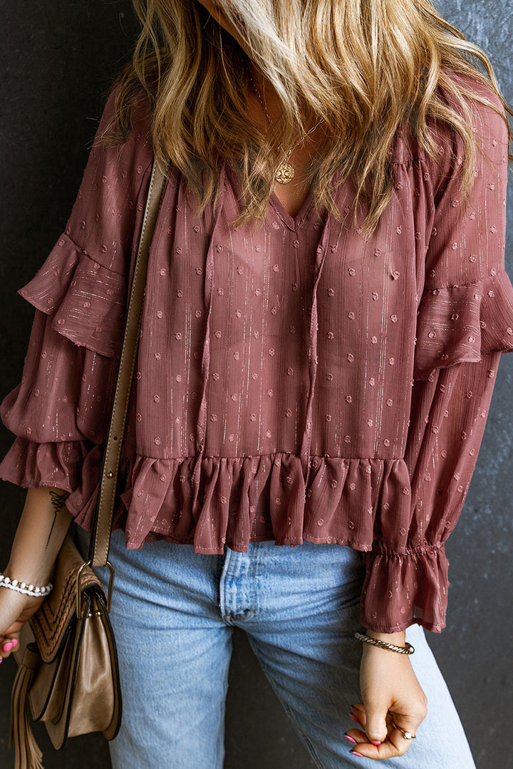 Swiss Dot Lace up V Neck Ruffled Blouse