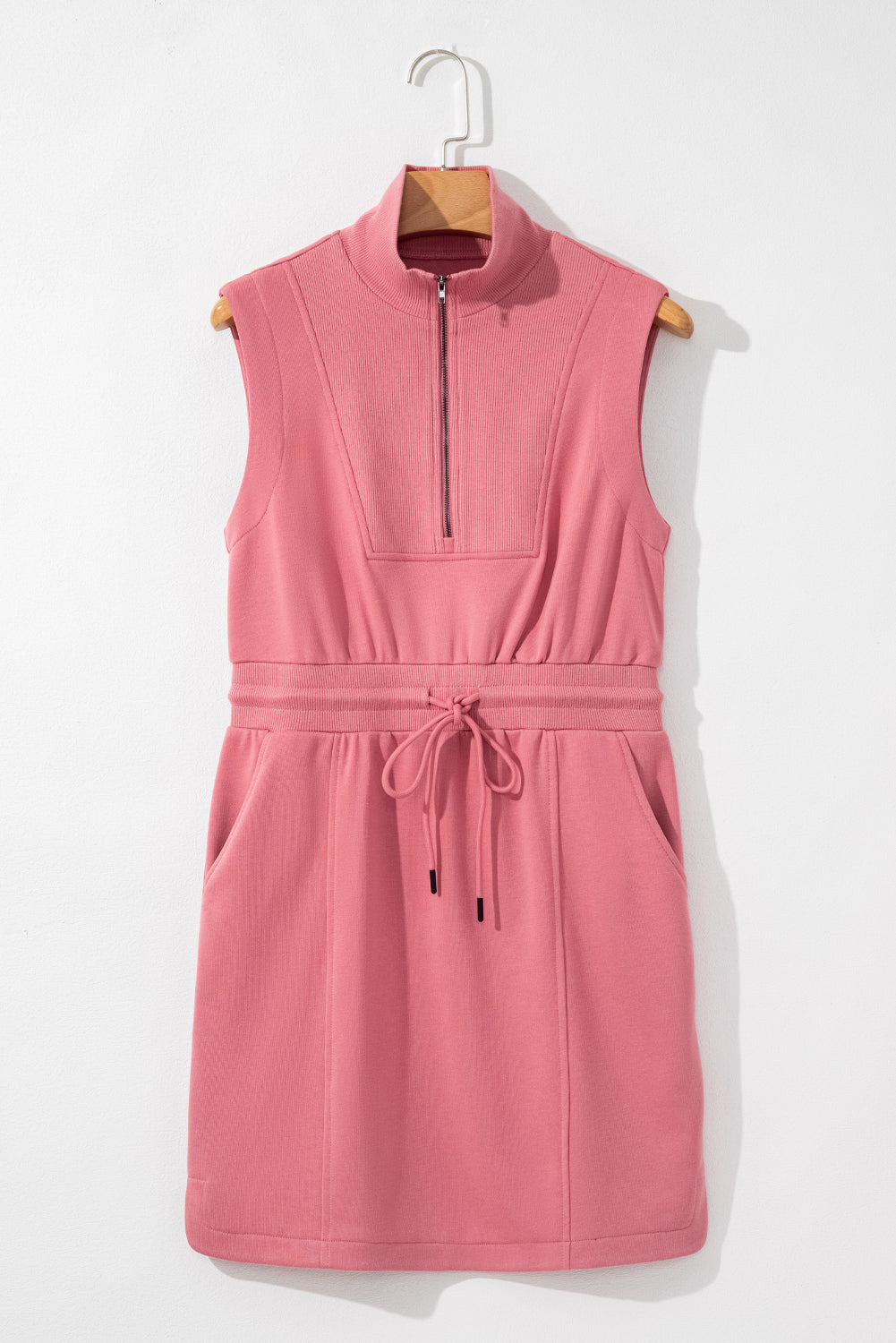 French Terry Zipped Collar Sleeveless Drawstring Waist Mini Dress