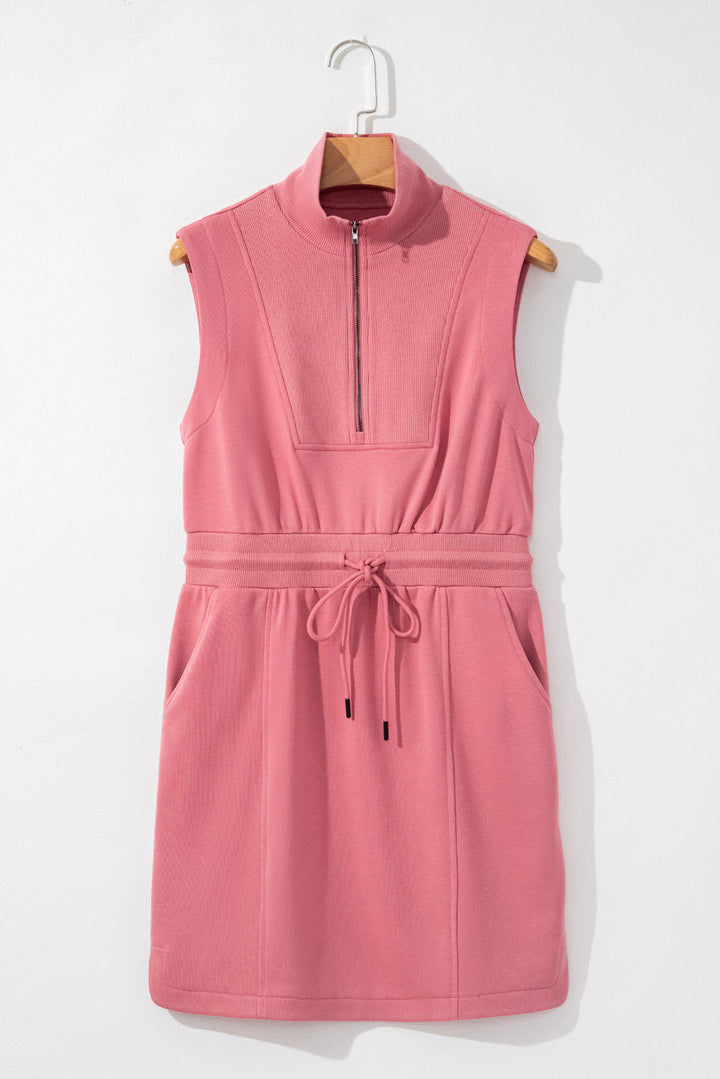 French Terry Zipped Collar Sleeveless Drawstring Waist Mini Dress