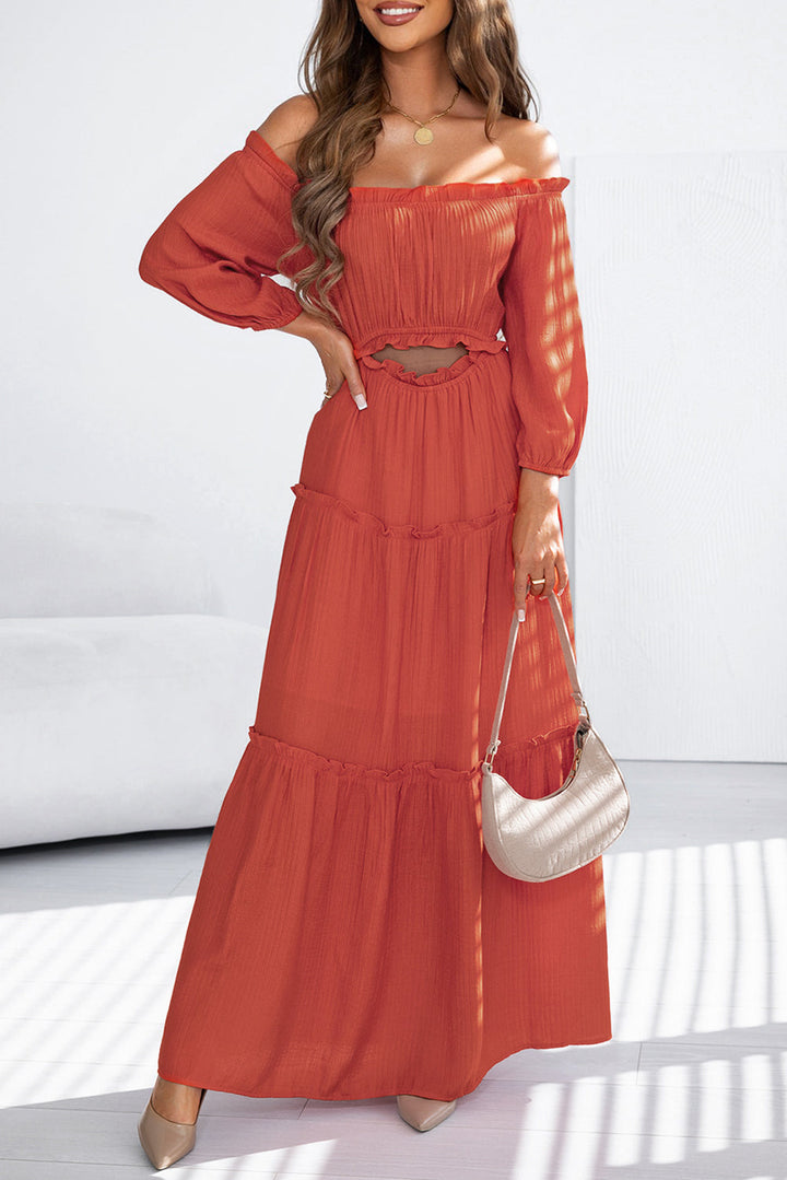 Off Shoulder Balloon Sleeve Cutout Ruffled Maxi Dress