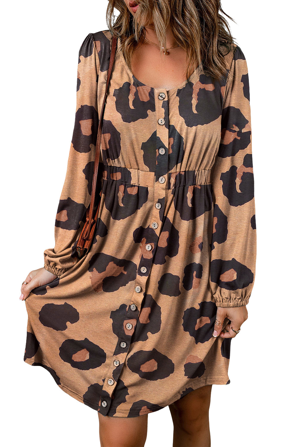 Print Button Front Bubble Sleeve Loose Knit Dress