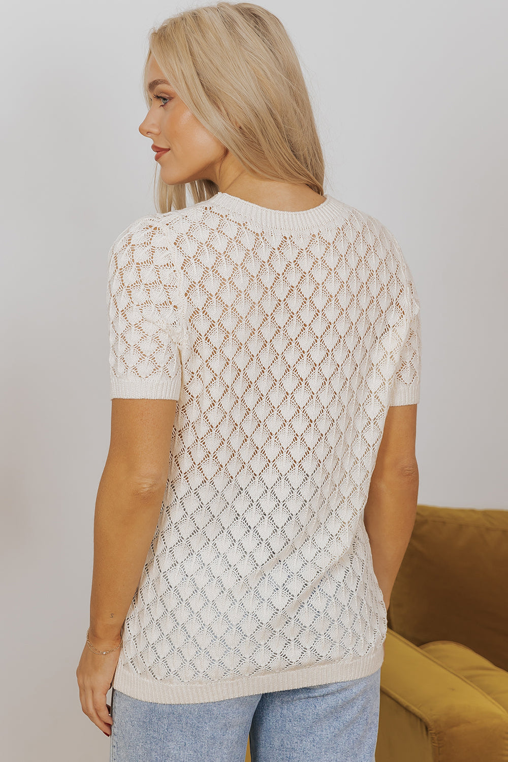 Hollow Out Crochet O Neck Short Sleeve Sweater Tee