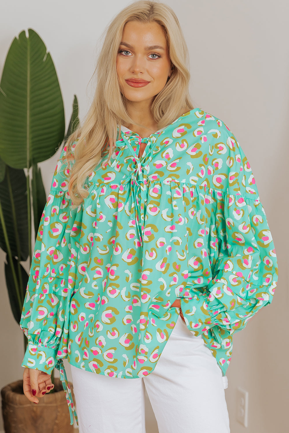 Abstract Printed Lace-up Lantern Sleeve Babydoll Blouse