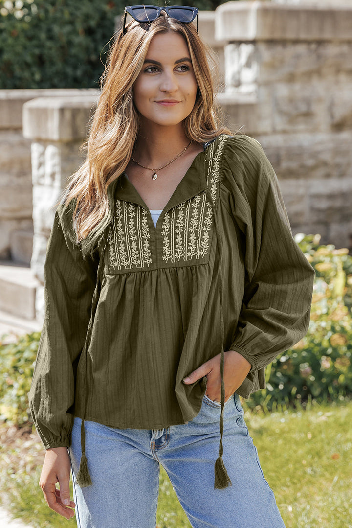 Embroidered Split Neck Pleated Loose Blouse