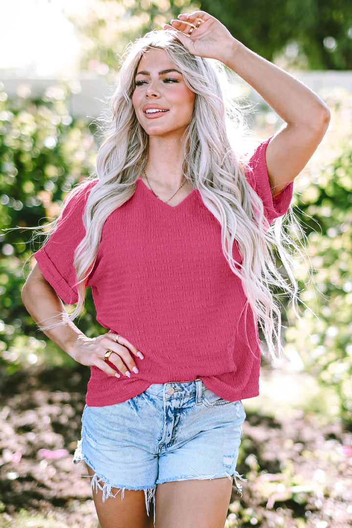 Bright Pink Textured Rolled Sleeve V Neck Tee