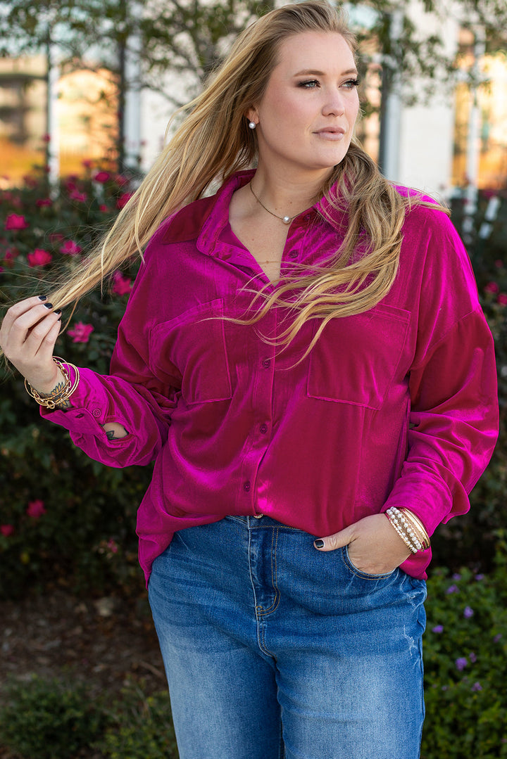 Plus Size Velvet Chest Pocket Drop Shoulder Shirt