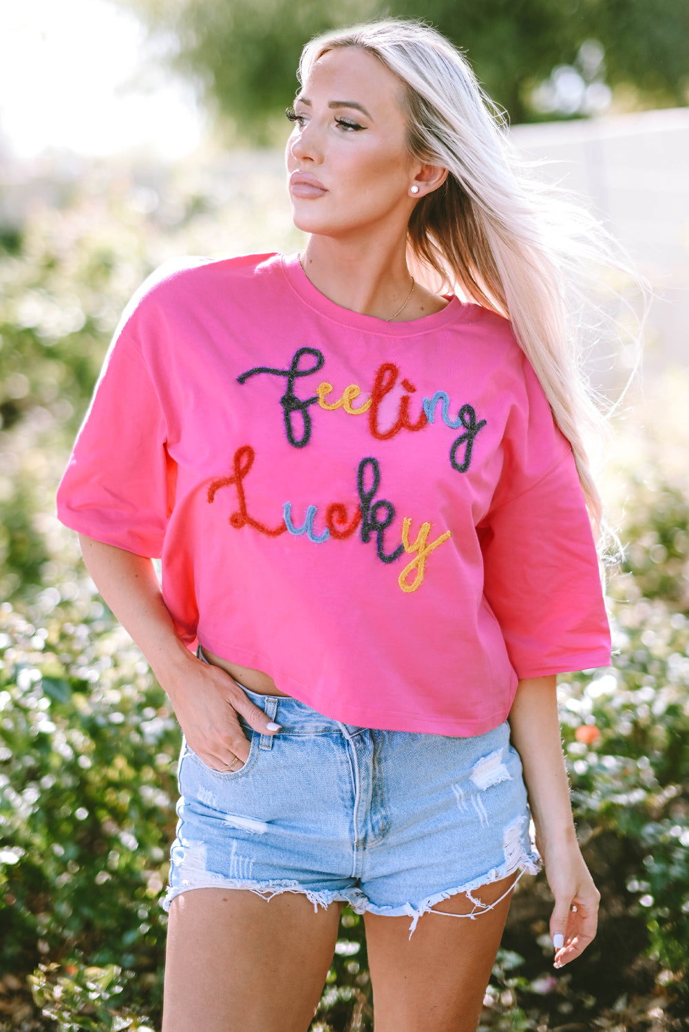 Bonbon Feeling Lucky Embroidered Letter Graphic Half Sleeve Top