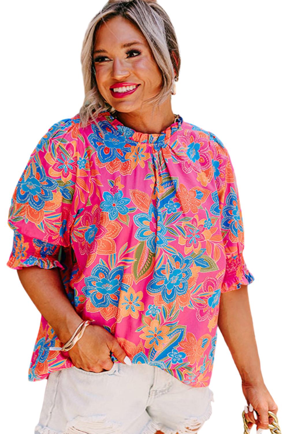 Plus Floral Print Frilly Neck Puff Sleeve Blouse