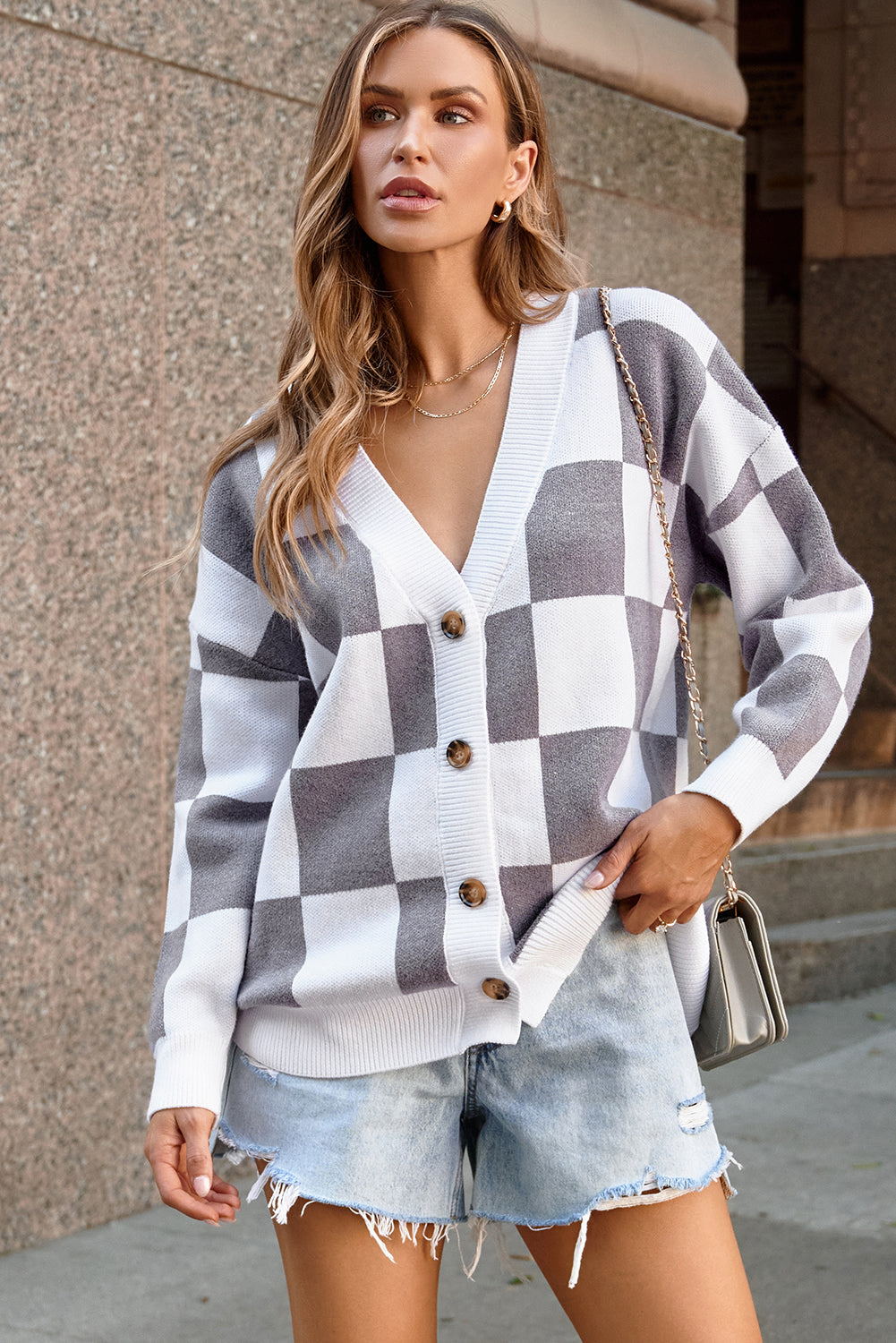 Contrast Checkered Print Button Up Sweater Cardigan