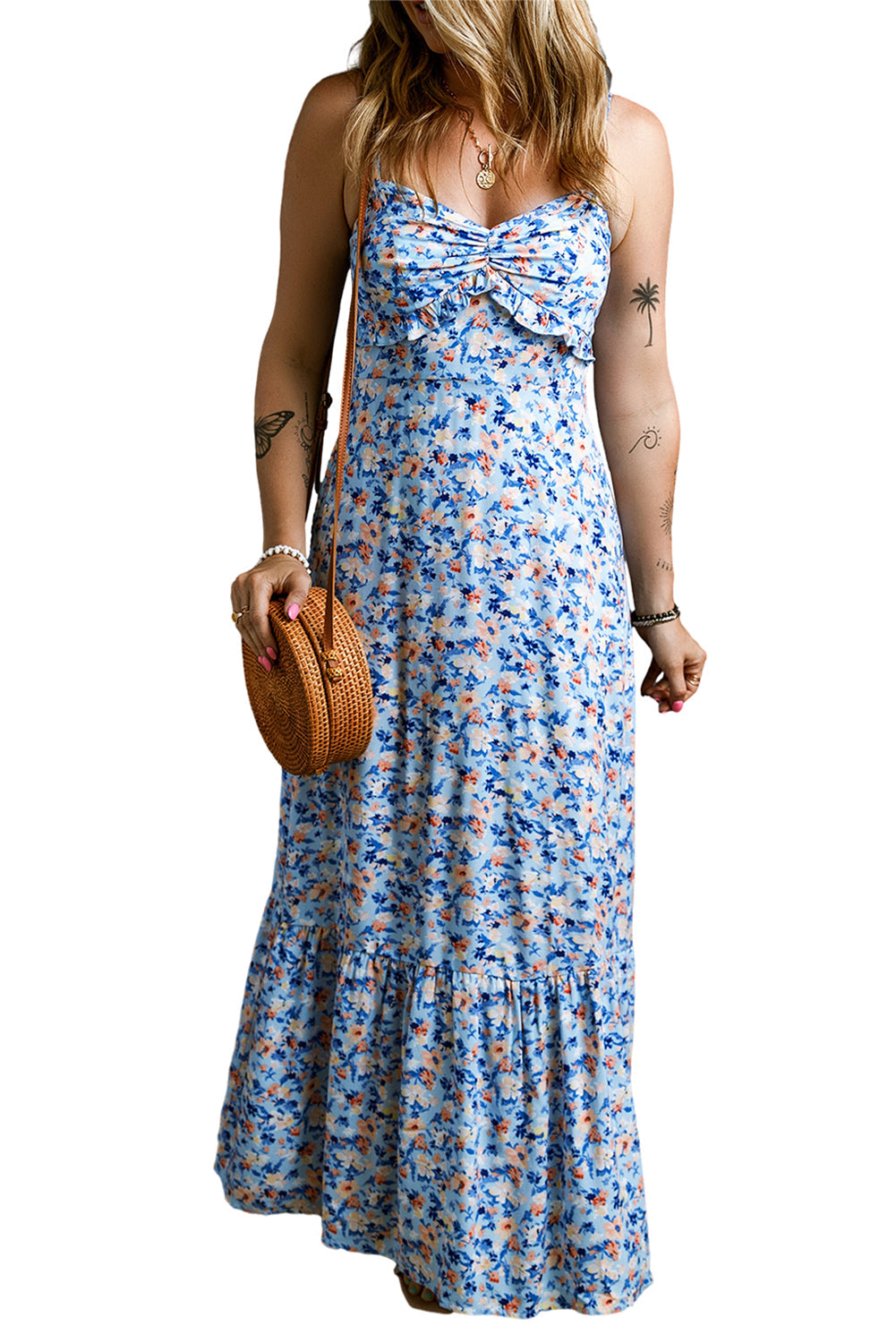 Floral Print Ruffled Ruched Maxi Dress