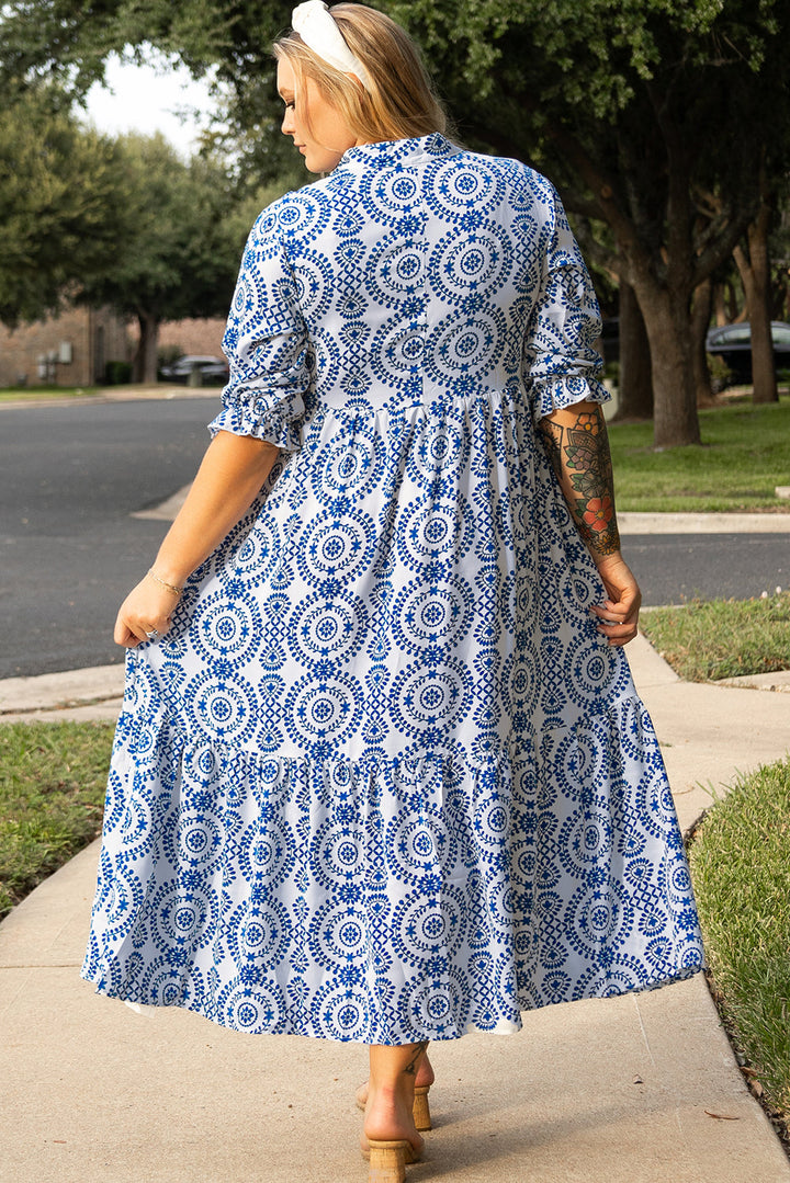 Geometric Print Lace-up Notch Neck Plus Size Maxi Dress