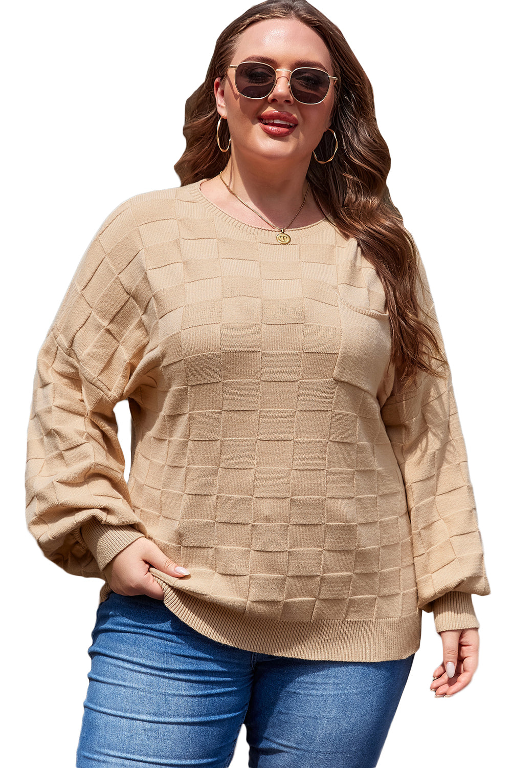 Solid Checkered Textured Knit Plus Size Sweater