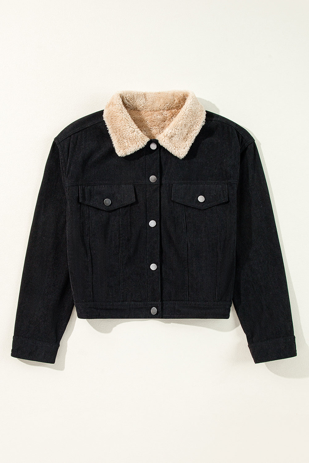 Fleece Lined Button-up Collared Corduroy Crop Jacket