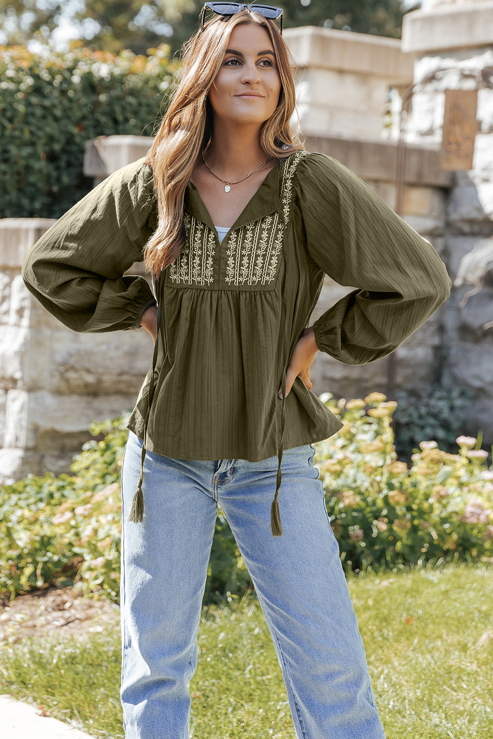 Embroidered Split Neck Pleated Loose Blouse