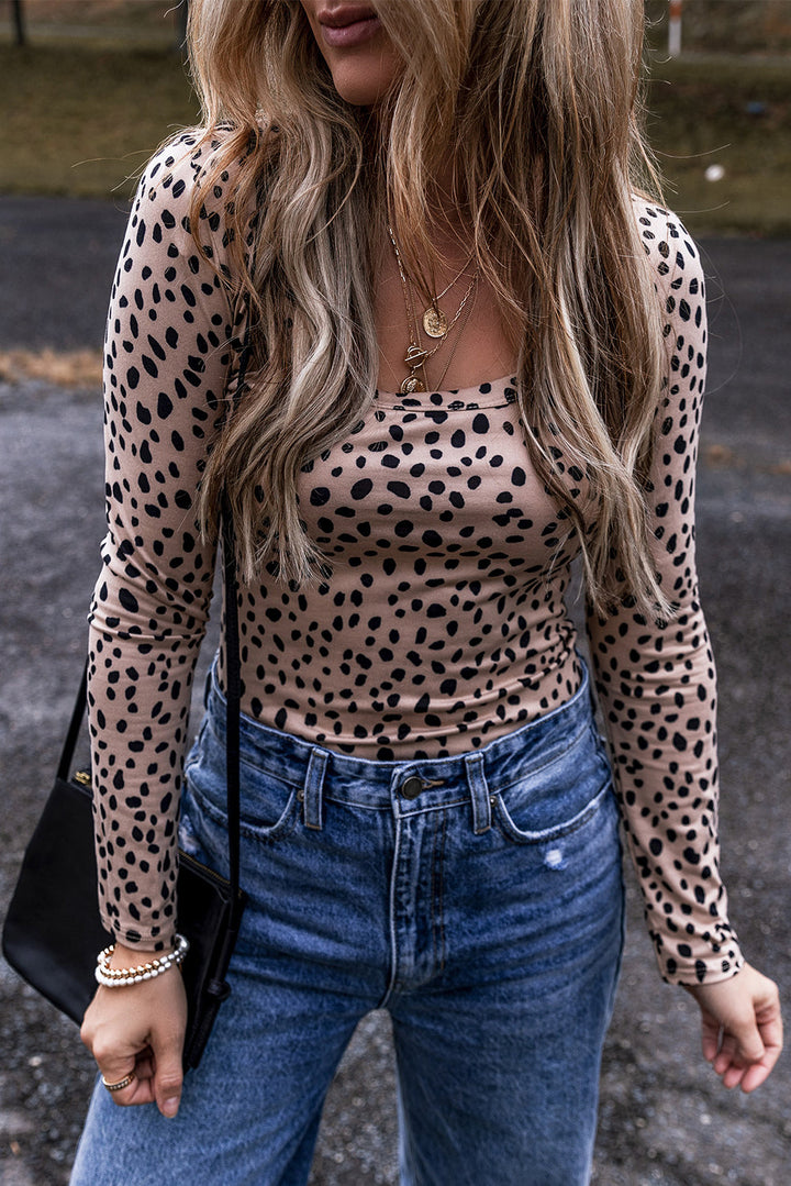 Leopard Print Long Sleeve Scoop Neck Slim Fit Bodysuit