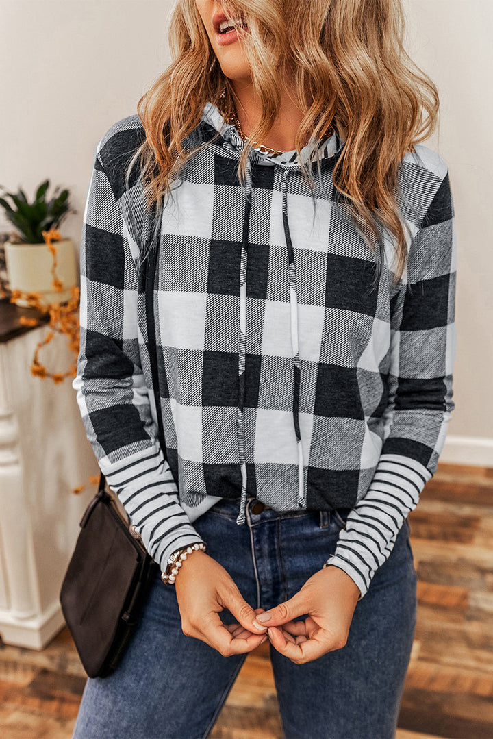 Plaid Striped Patchwork Drawstring Hoodie