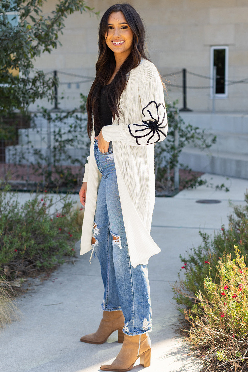 Flower Embroidered Drop Shoulder Open Front Duster Cardigan