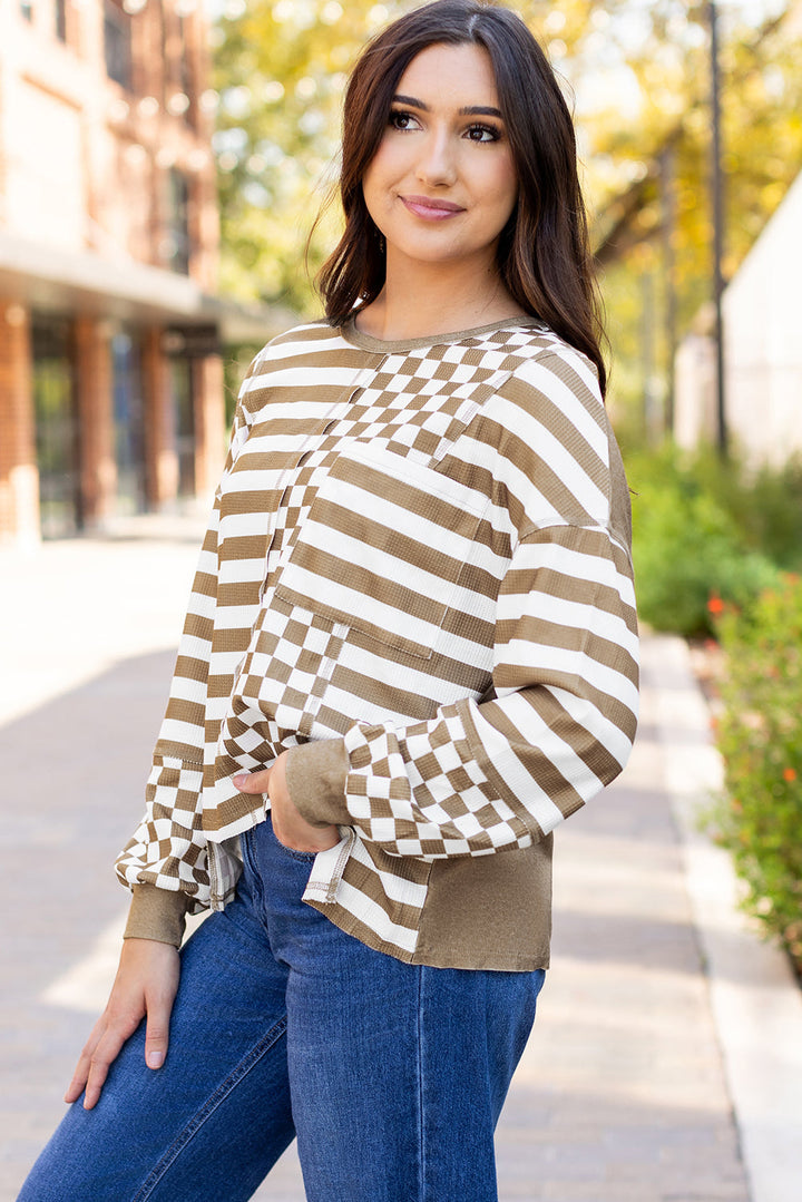 Checkerboard Striped Patchwork Lantern Sleeve Pocketed Blouse