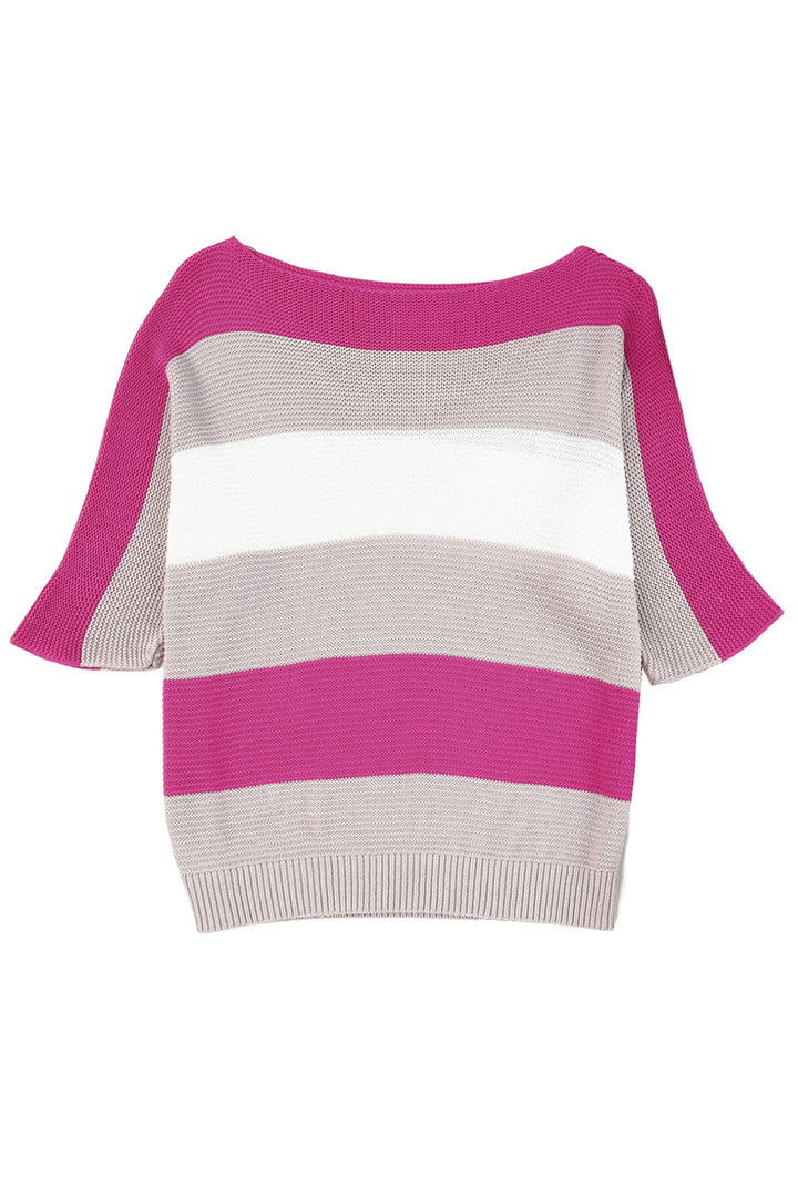 Rose Contrast Stripe Knit Half Sleeve Sweater