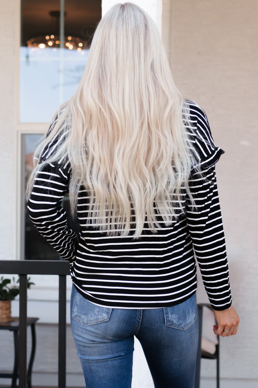 Striped Print Ruffled Buttoned Long Sleeve Top