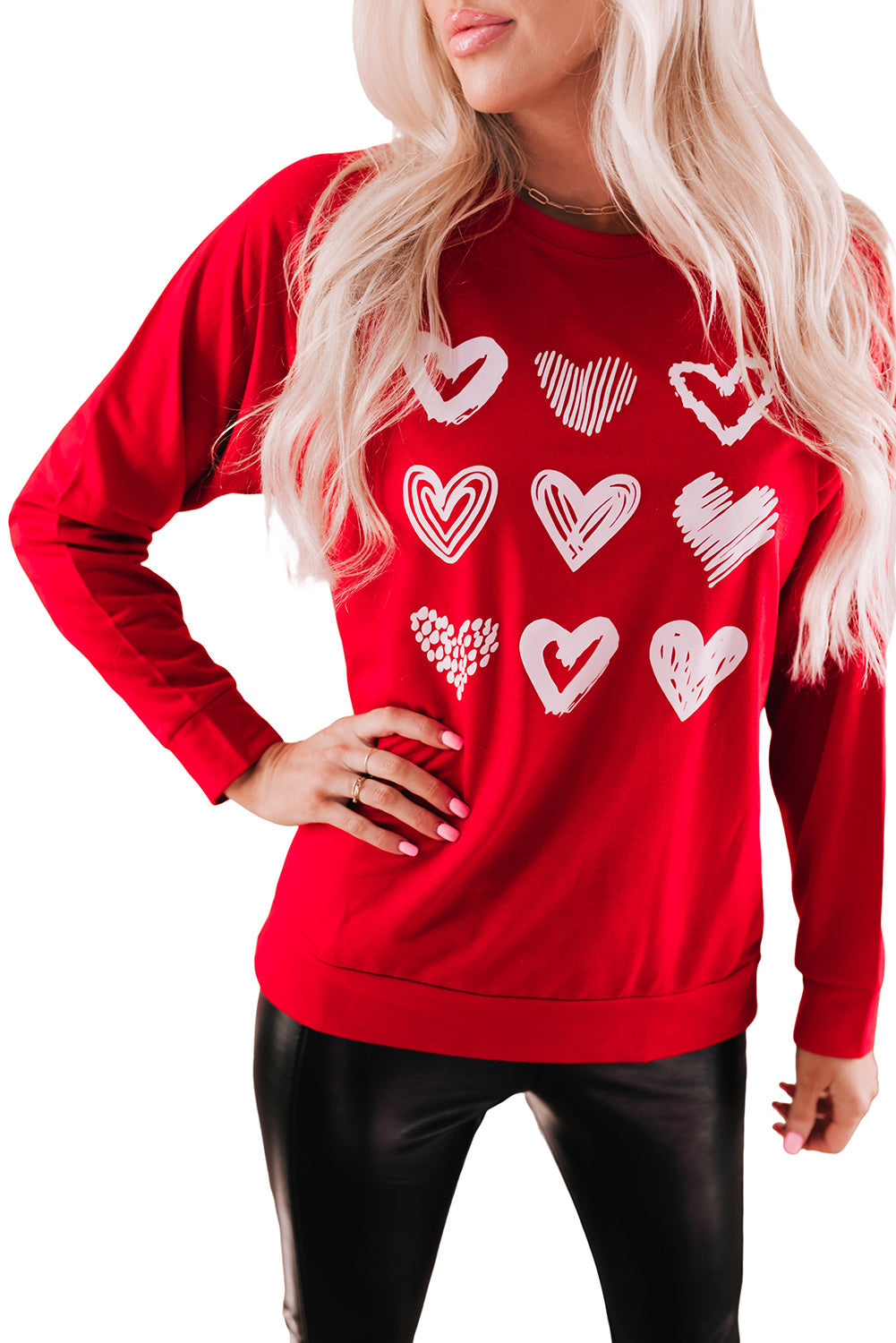 Hearts Print Crewneck Long Sleeve Sweatshirt