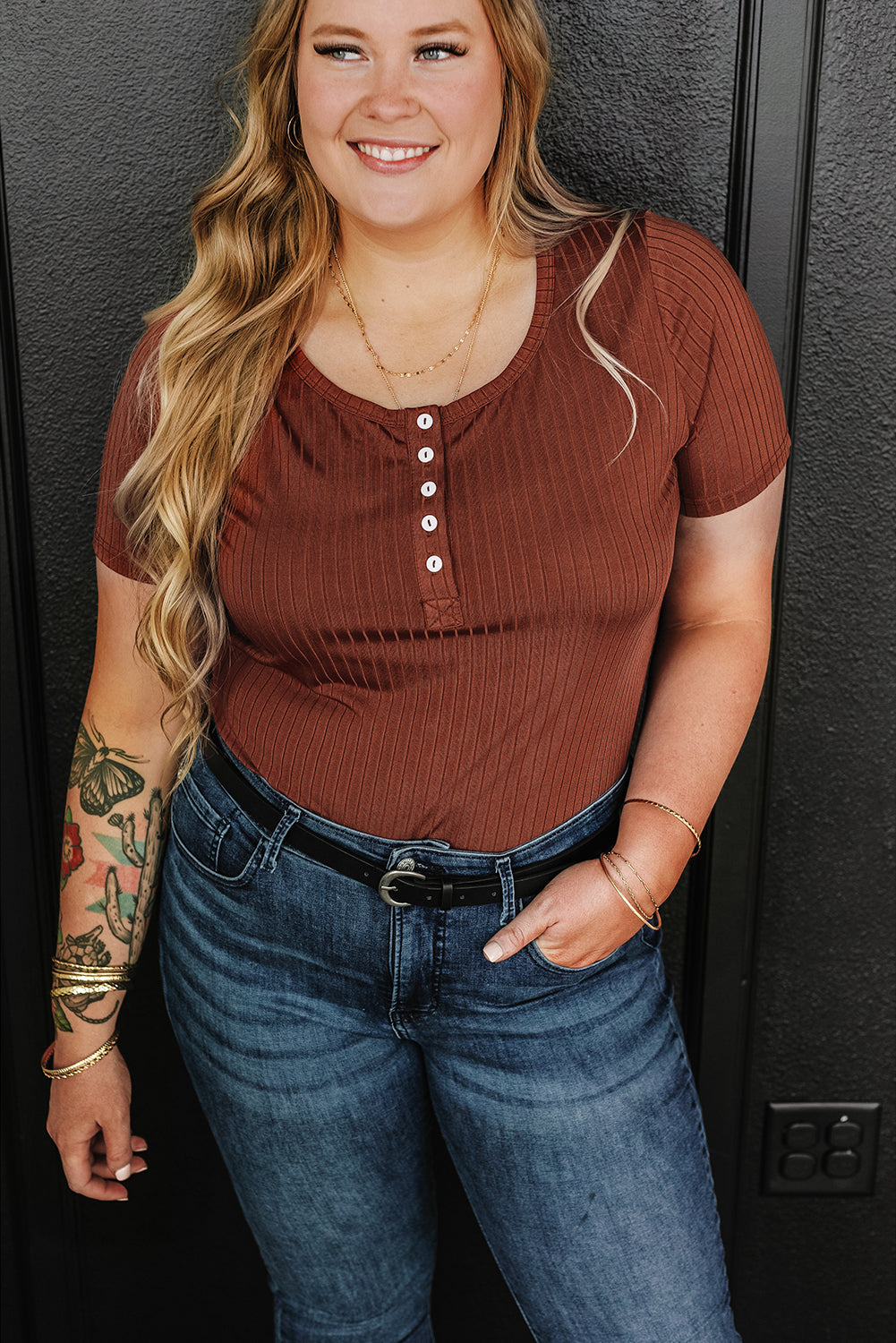 Plus Size Ribbed Knit Henley Tee