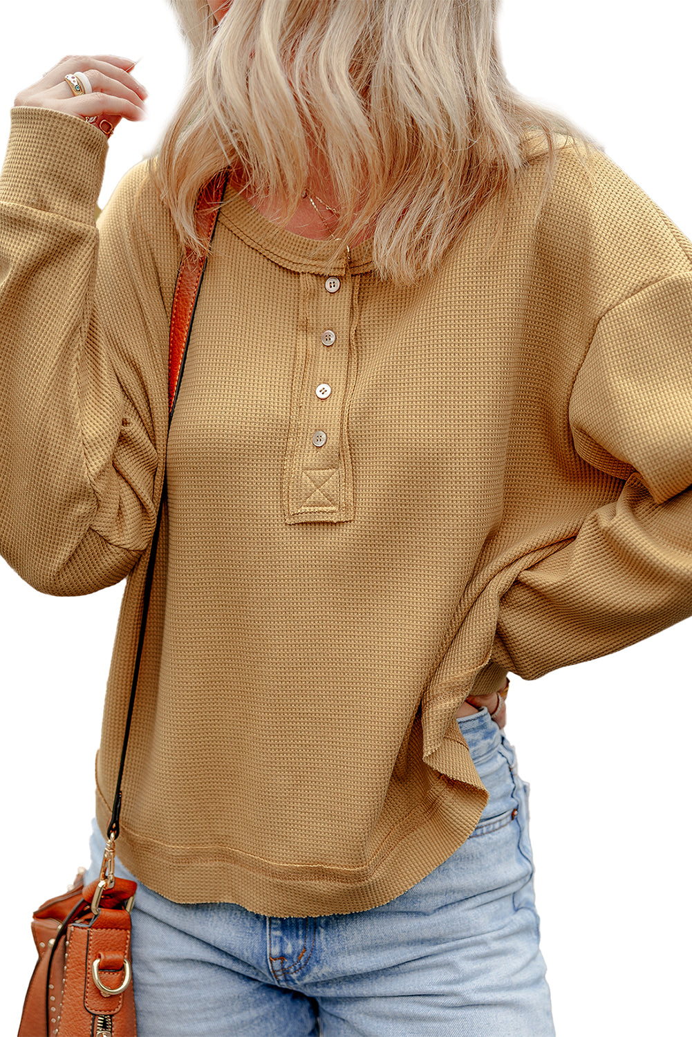 Textured Knit Half Button Drop Shoulder Oversized Top