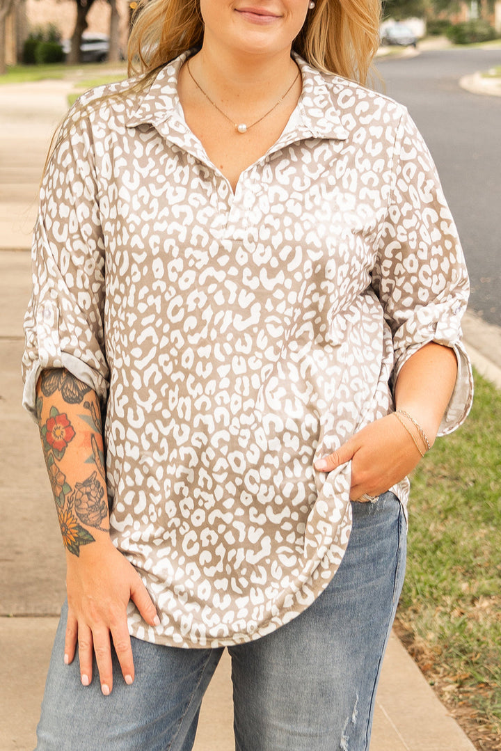 Leopard Tab Sleeve V Neck Plus Size Top