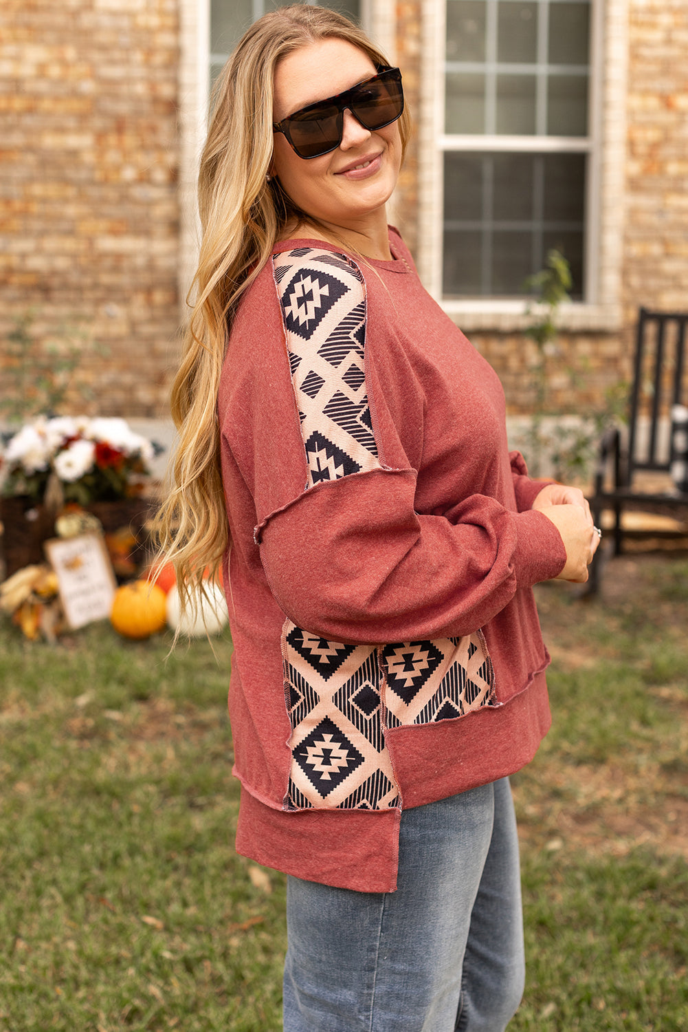 Aztec Patchwork Drop Shoulder Plus Size High Low Sweatshirt