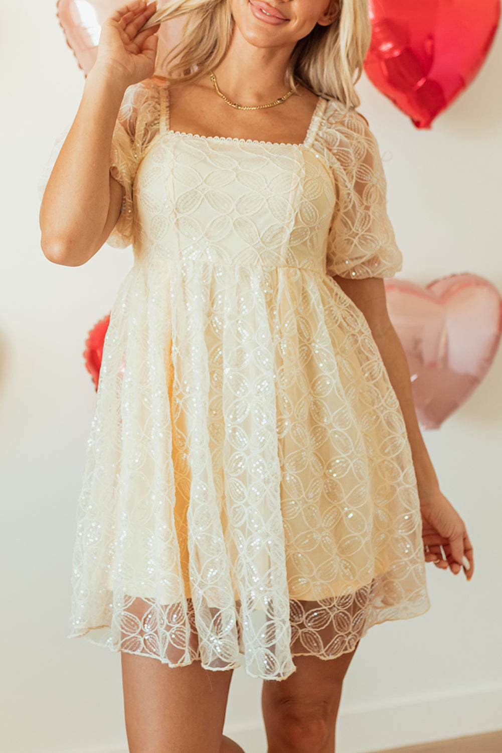 Sequined Lace Mesh Bubble Sleeve Square Neck Dress